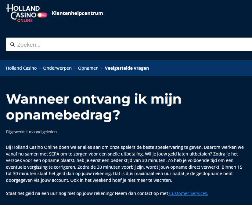 Holland Online Casino - uitbetaling via SEPA binnen 1 uur